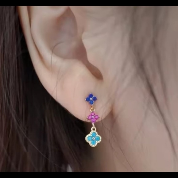 14kt gold plated clover multicolor ruby turquoise sapphire crystal earrings#338 - Picture 3 of 12